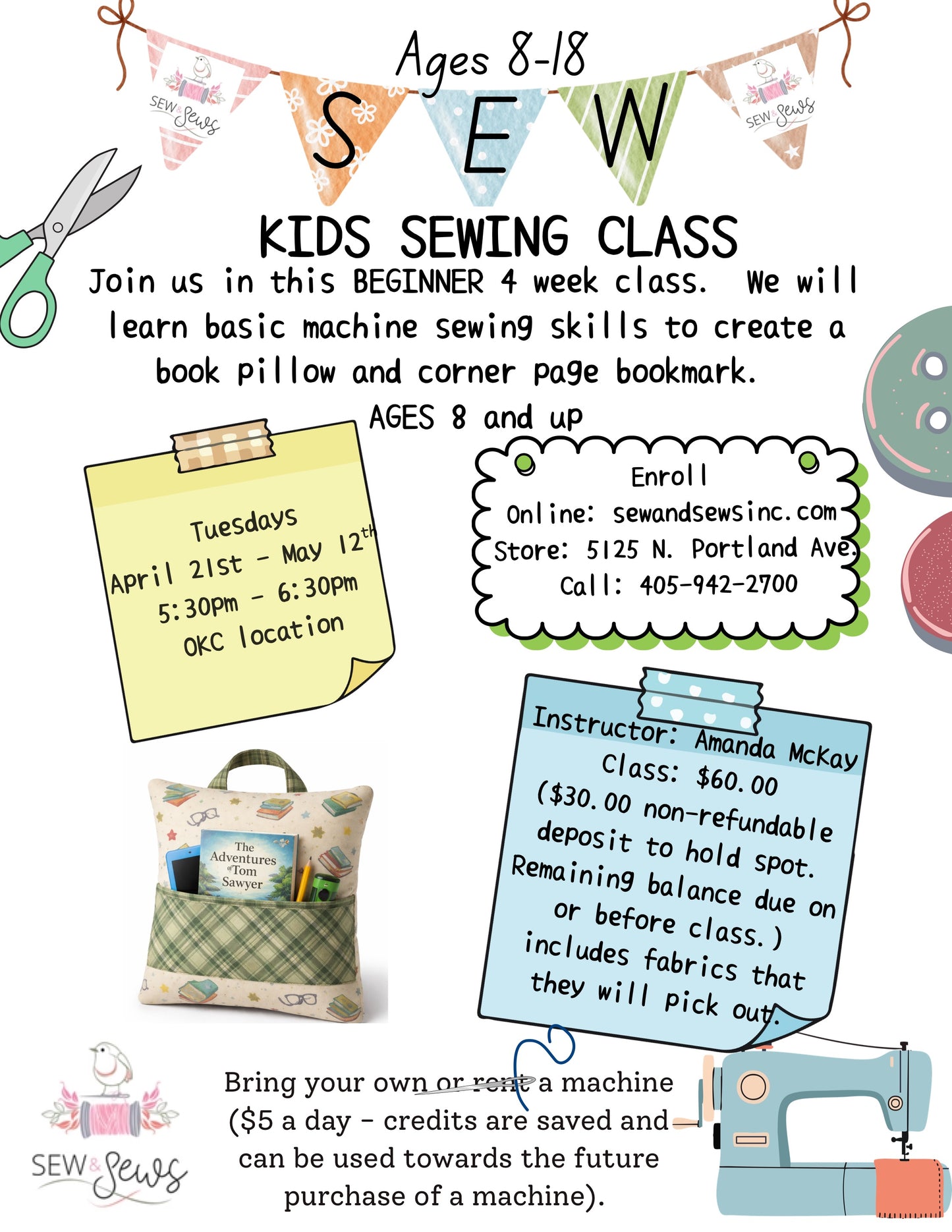 Kids Sewing Book Pillow | Tuesday, May 5, 2026 | 5:30pm-6:30pm