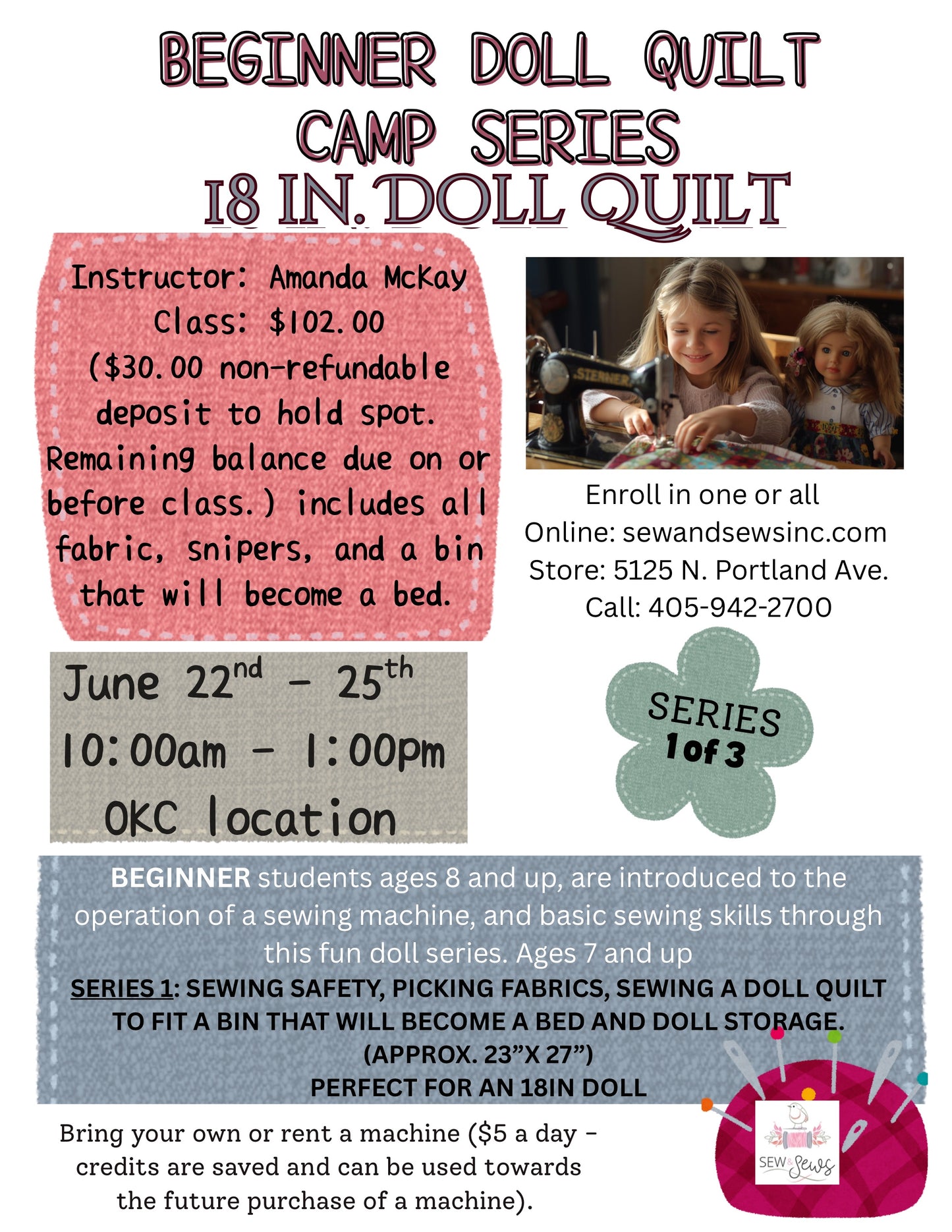 Beginner Doll Quilt Camp Series | 18" Doll Quilt | Series 1 of 3 | Jun 22-25, 2026 | 10:00 am-1:00 pm