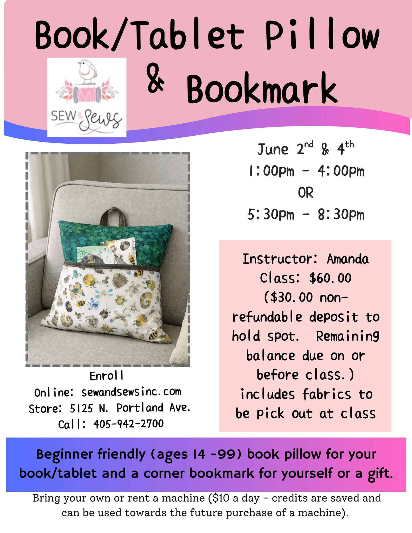 Beginner Sewing Book Pillow | Class 1 of 2 | Tuesday, Jun 2, 2026 | 5:30pm-8:30pm
